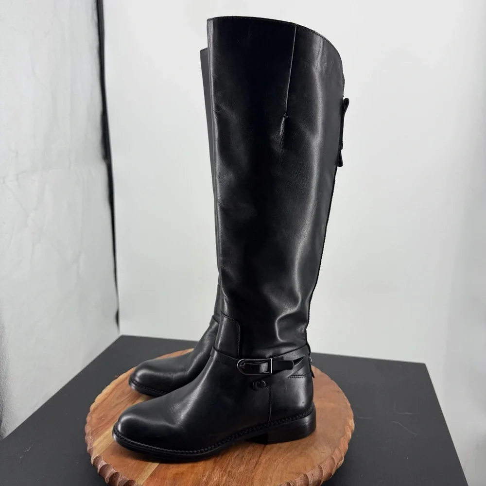 Franco Sarto Hadley Black Leather Tall Riding Boots Equestrian Flat Buckle 6‎